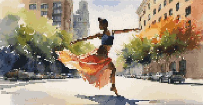 A contemporary dancer performing an intricate pose in a sunlit urban environment, wearing vibrant attire surrounded by modern buildings and greenery.