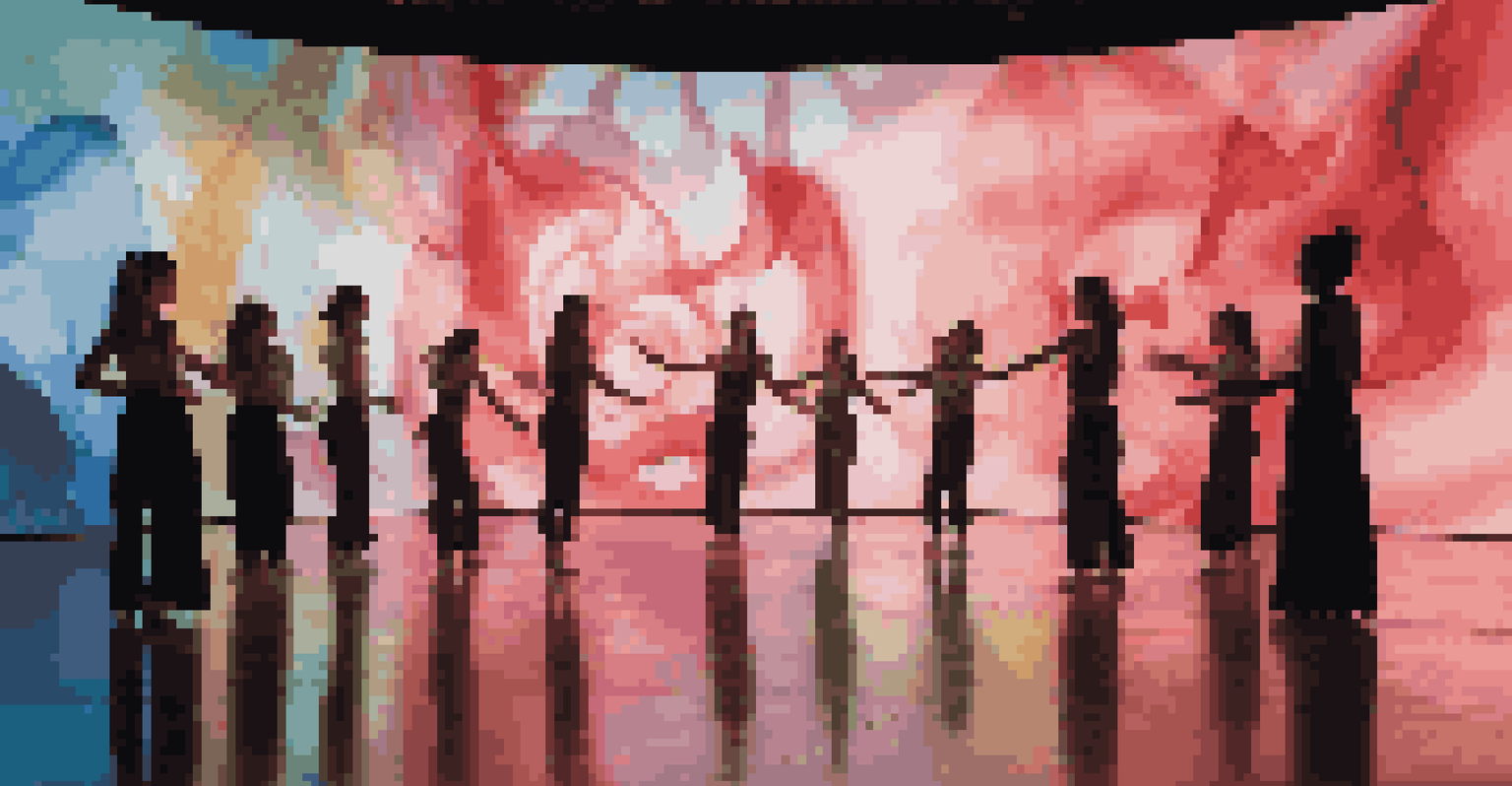 Dancers engaging with colorful digital projections in a dimly lit room, creating a visually captivating experience as the images shift with their movements.