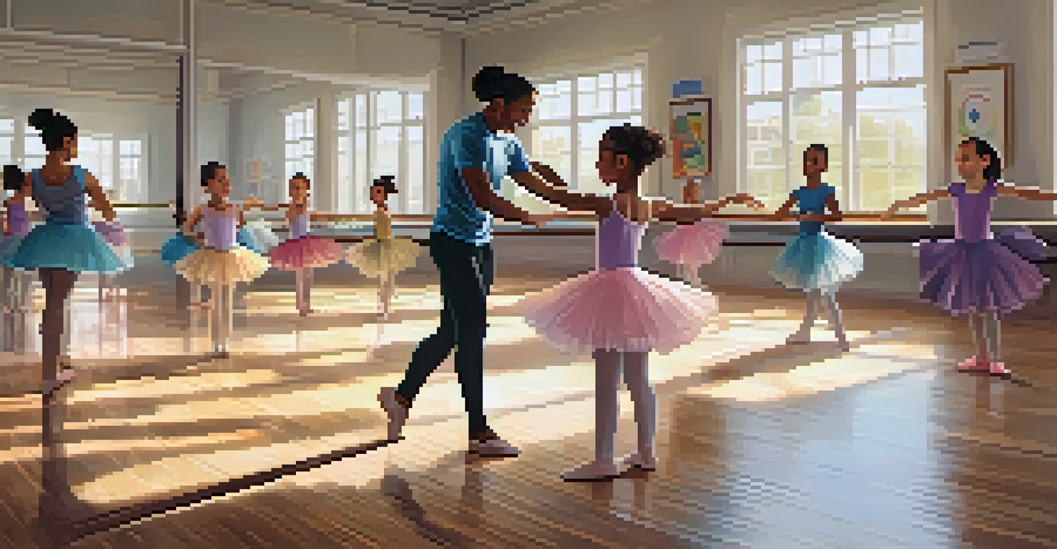 A parent watching and encouraging their child during a ballet dance class in a bright studio.