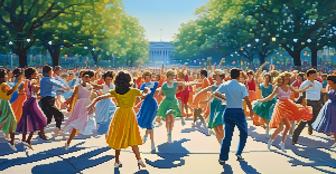 A lively 1960s dance marathon scene with diverse dancers in colorful vintage outfits, surrounded by cheering spectators in a sunlit park.