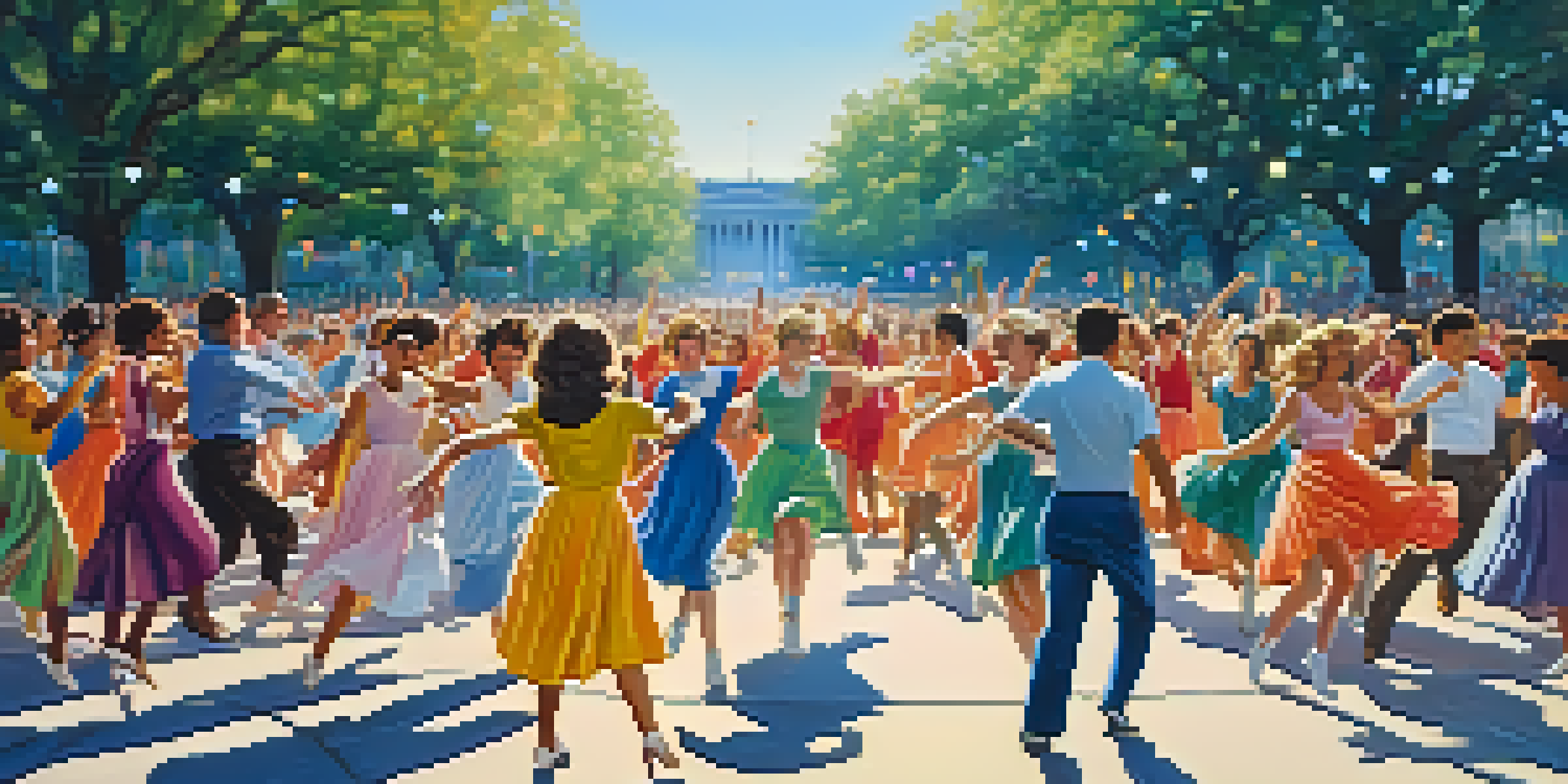 A lively 1960s dance marathon scene with diverse dancers in colorful vintage outfits, surrounded by cheering spectators in a sunlit park.