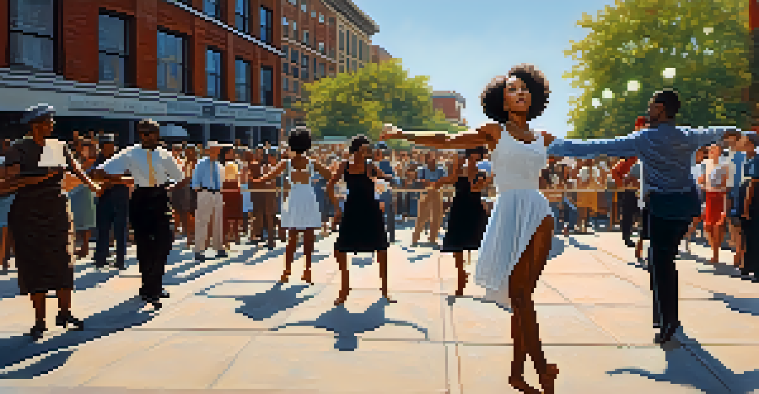 A dancer performing passionately in a public square during the Civil Rights Movement, surrounded by a supportive crowd holding signs.