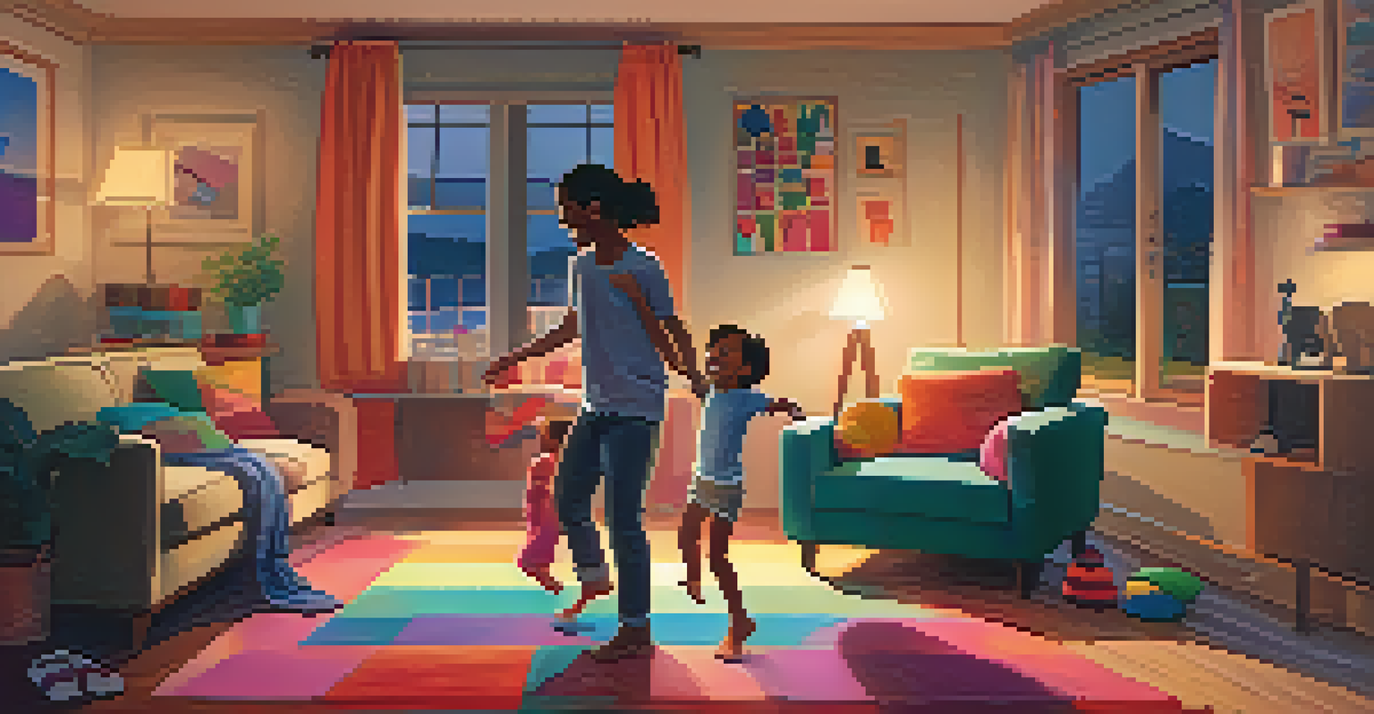A parent and child joyfully dancing together in a cozy living room, creating a moment of connection and happiness.