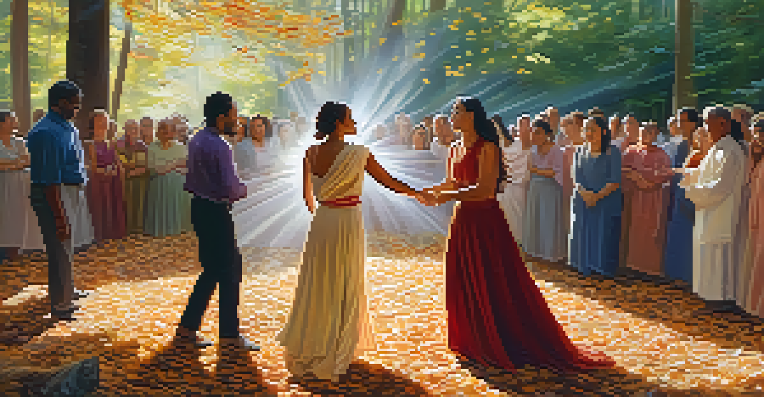 A woman dancing in a flowing dress surrounded by trees, with sunlight filtering through, while others watch supportively.