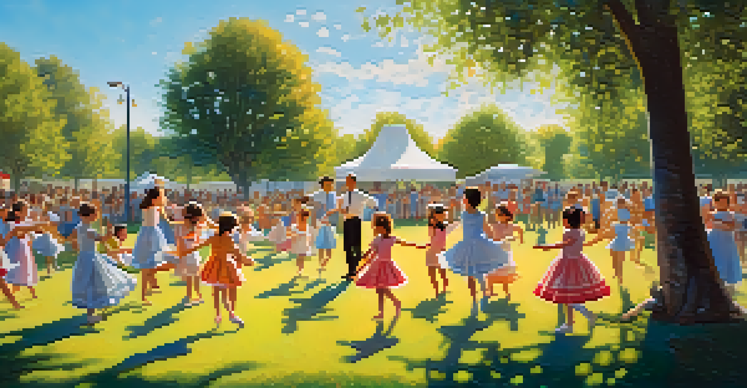 Children performing a dance in a park on a sunny day, showcasing various costumes and expressions, with an audience watching.