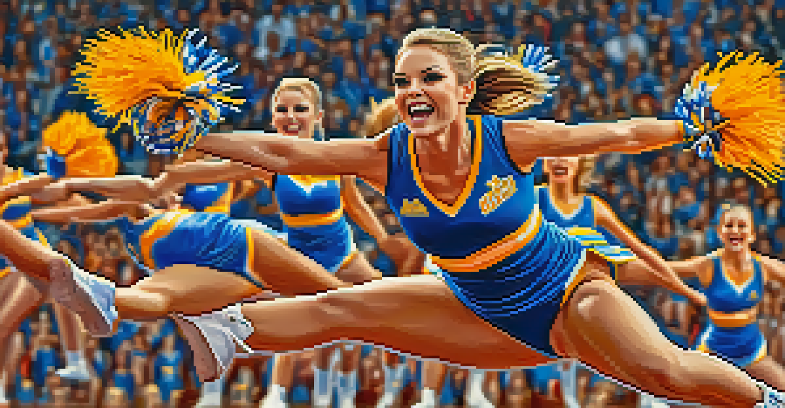 A cheerleader in mid-air, displaying determination and strength, with teammates in the background.