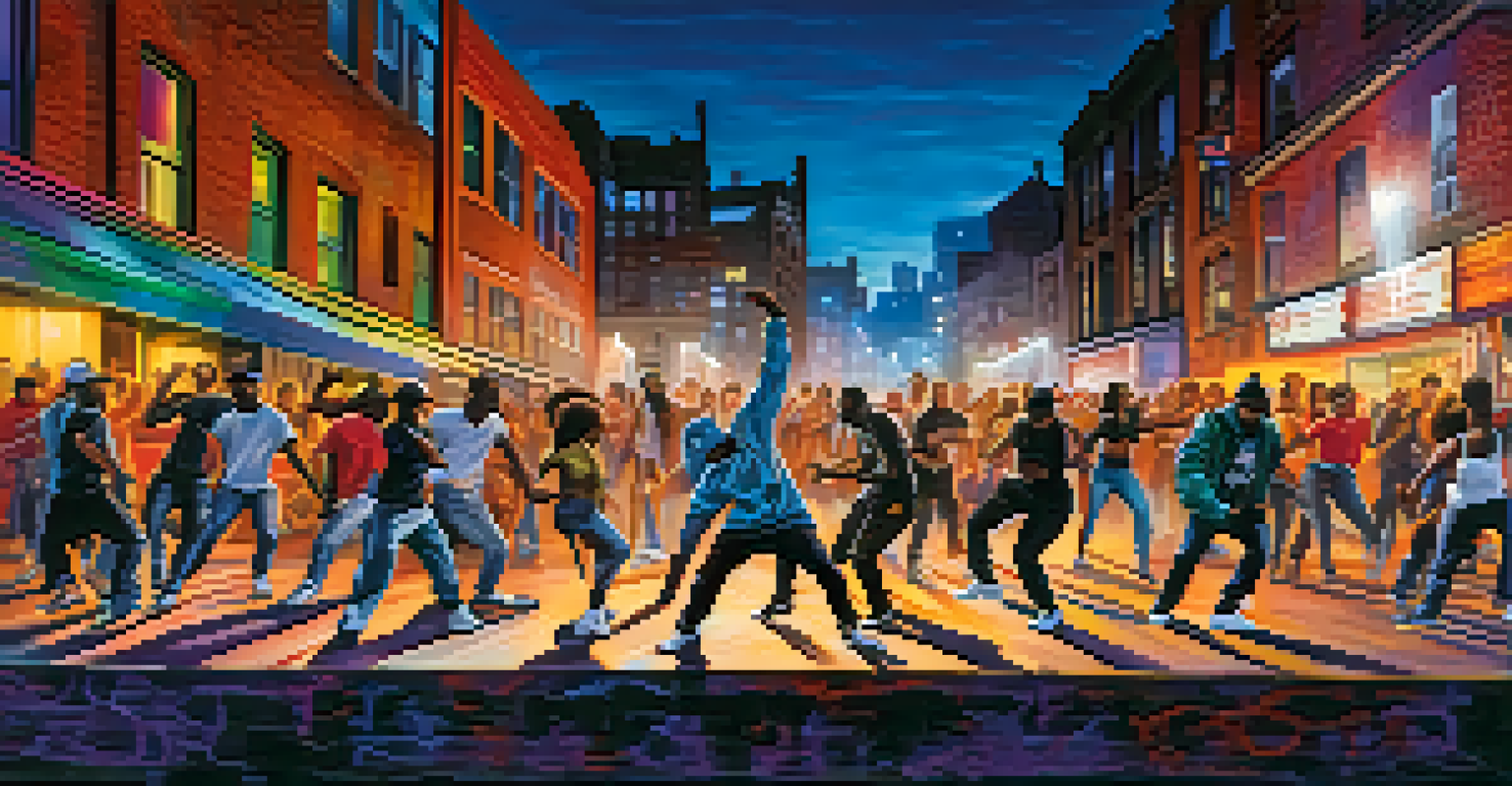 Dancers engaged in a hip-hop battle in front of a graffiti wall, illuminated by colorful lights.