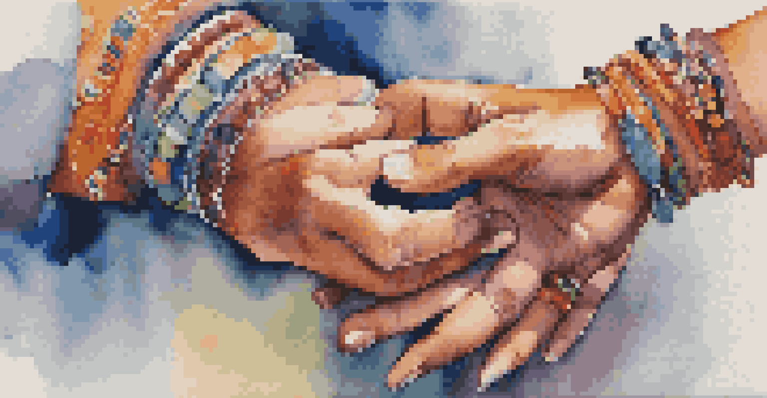A close-up of two dancers' hands intertwined, symbolizing connection and community in dance, with blurred dancers in the background.