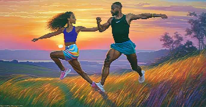 A dancer in colorful attire and a sprinter preparing to race in a scenic outdoor setting during sunset.