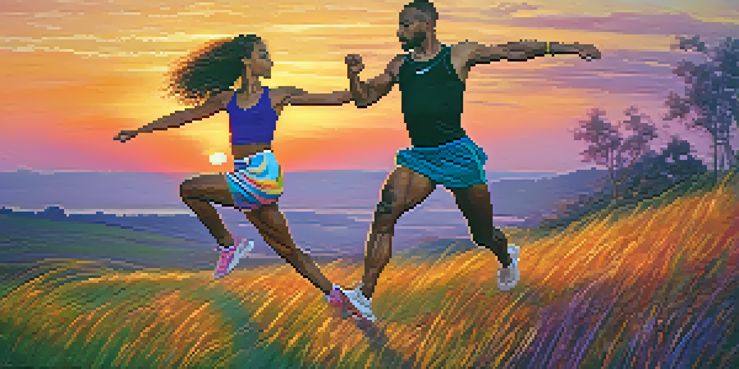 A dancer in colorful attire and a sprinter preparing to race in a scenic outdoor setting during sunset.