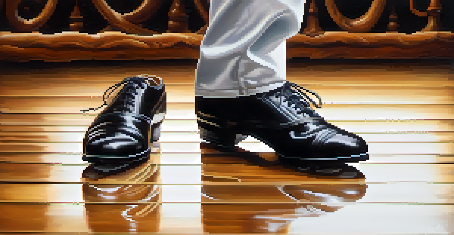 Close-up of a tap dancer's feet performing on a wooden floor, showcasing the rhythm and technique of the dance.