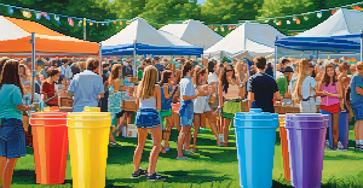 Close-up of eco-friendly food containers and refillable water stations at a dance festival, with people enjoying the sustainable options.