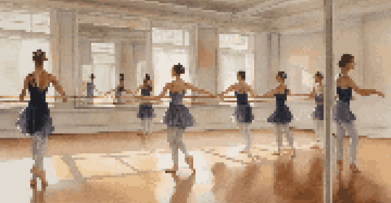 A dancer rehearsing a fluid movement in a dance studio with soft lighting and reflections in a large mirror.