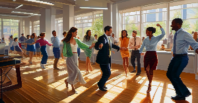 A lively office environment where employees of different backgrounds are joyfully dancing together, filled with sunlight and bright clothing.