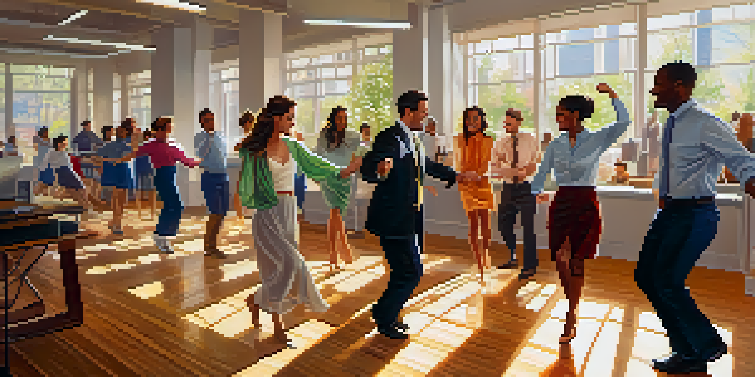 A lively office environment where employees of different backgrounds are joyfully dancing together, filled with sunlight and bright clothing.
