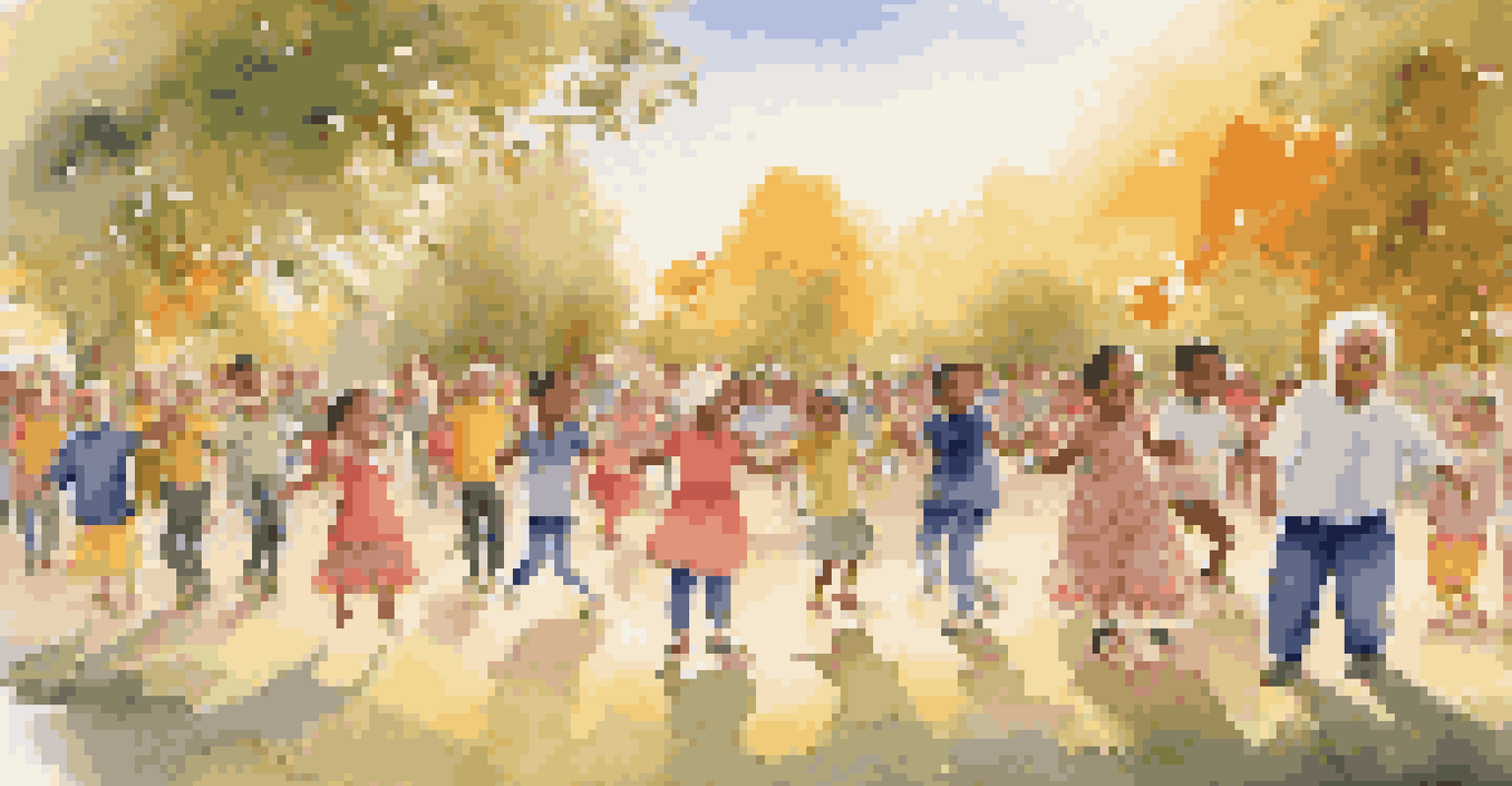 Children and grandparents dancing together in a park, showcasing joy and connection during a sunset.