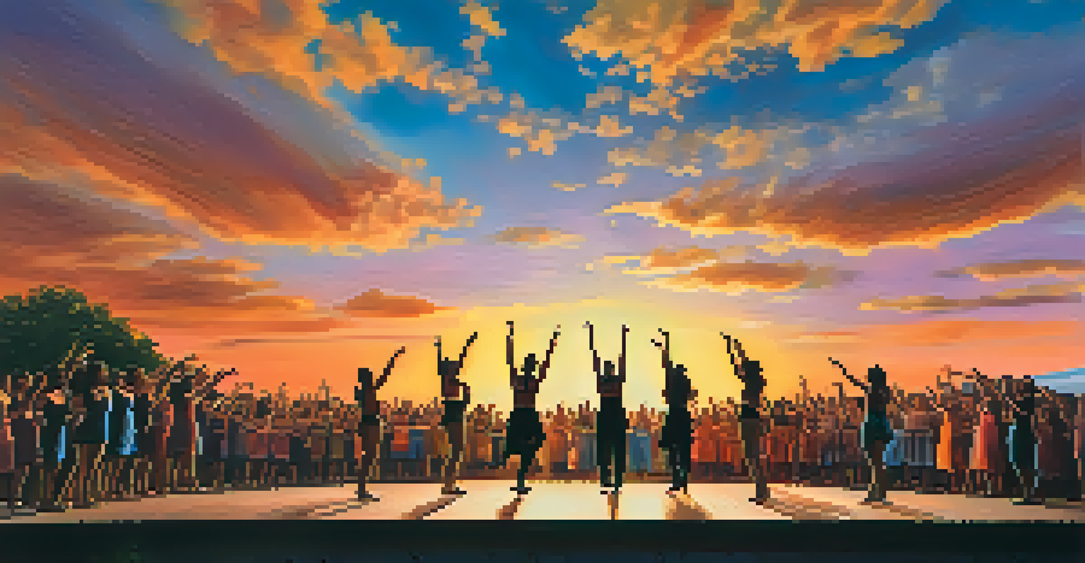 A dance performance at sunset addressing climate change, with dancers expressing urgency through movements, and an engaged audience in a beautiful outdoor setting.