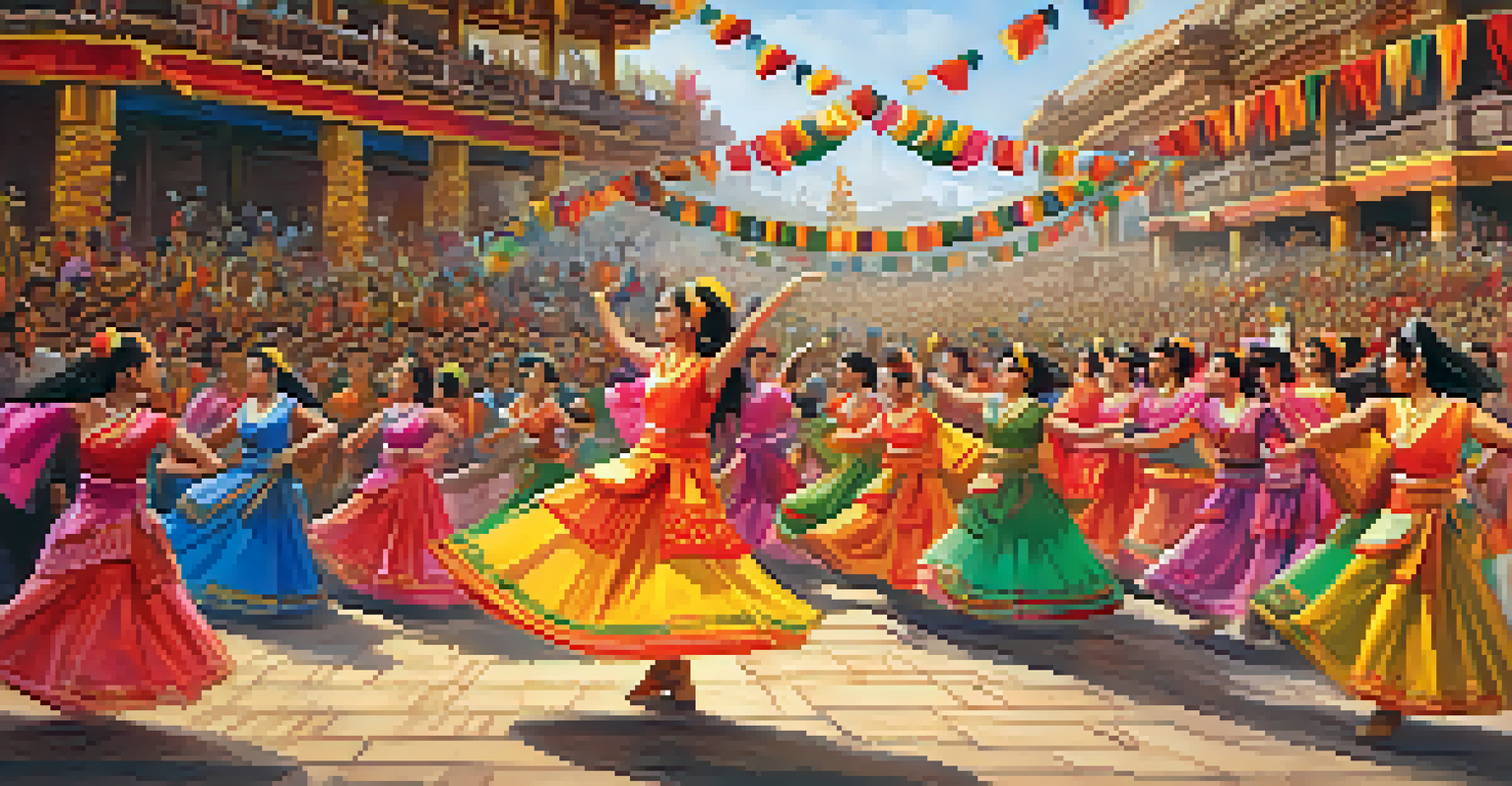 Performers in elaborate costumes dancing on stage at a cultural festival, with an engaged audience and colorful decorations.