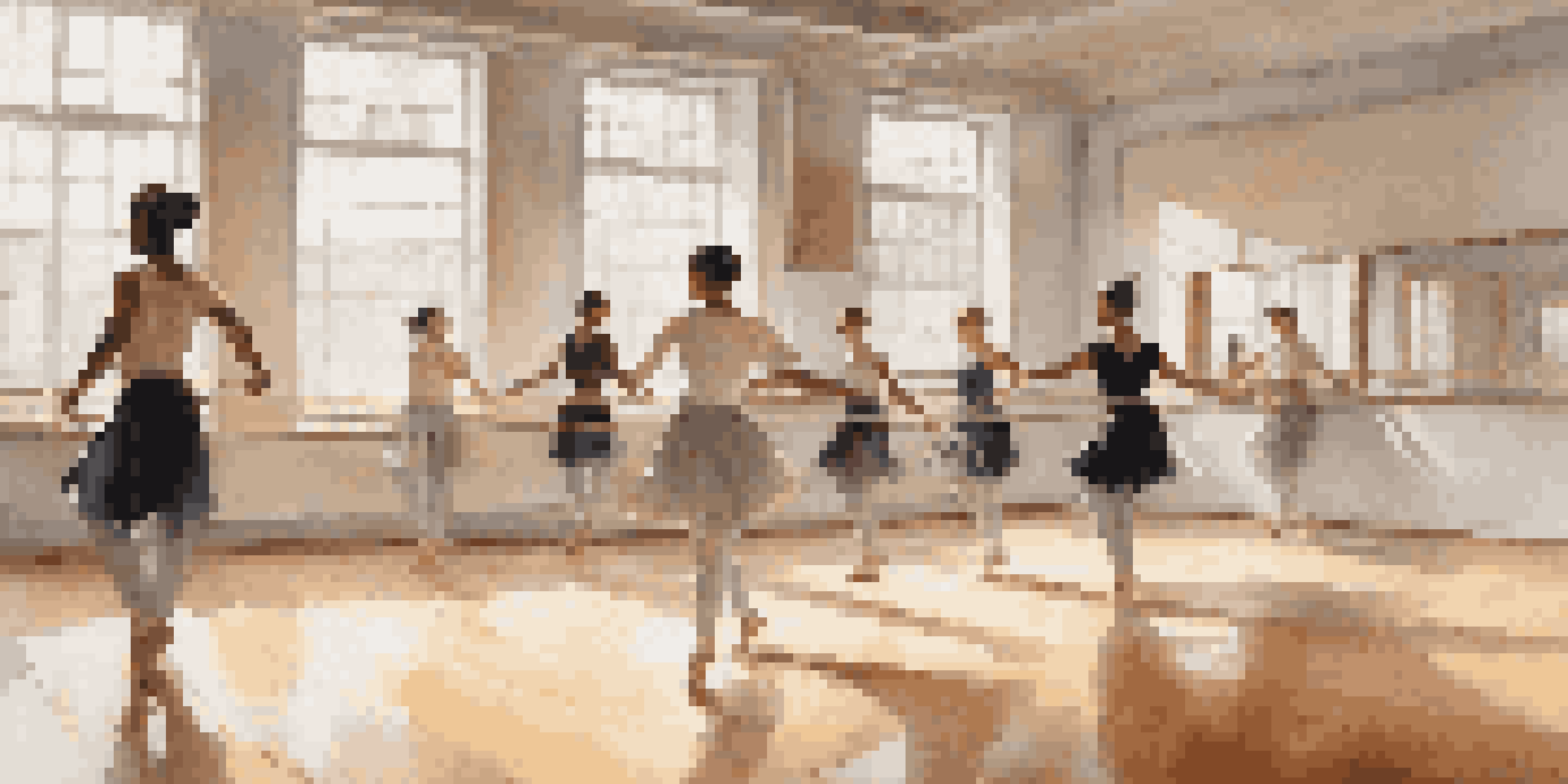 A choreographer demonstrating a dance pose in a sunny studio with dancers practicing in the background.