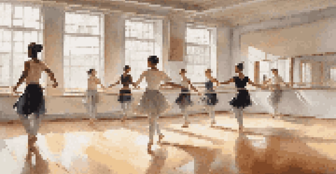 A choreographer demonstrating a dance pose in a sunny studio with dancers practicing in the background.