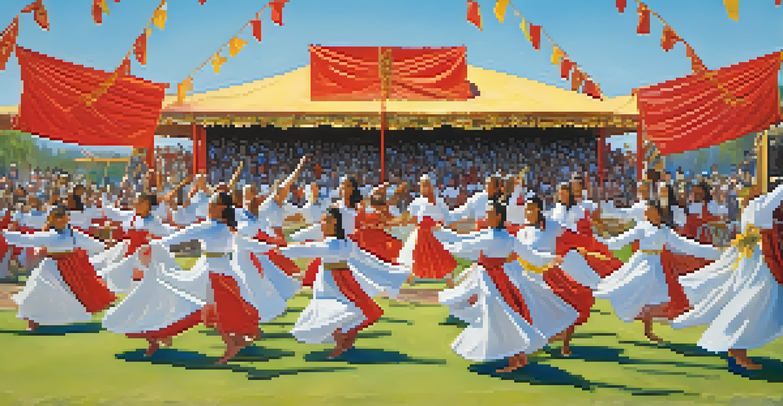 An outdoor dance performance with students in colorful costumes showcasing their skills to an audience.