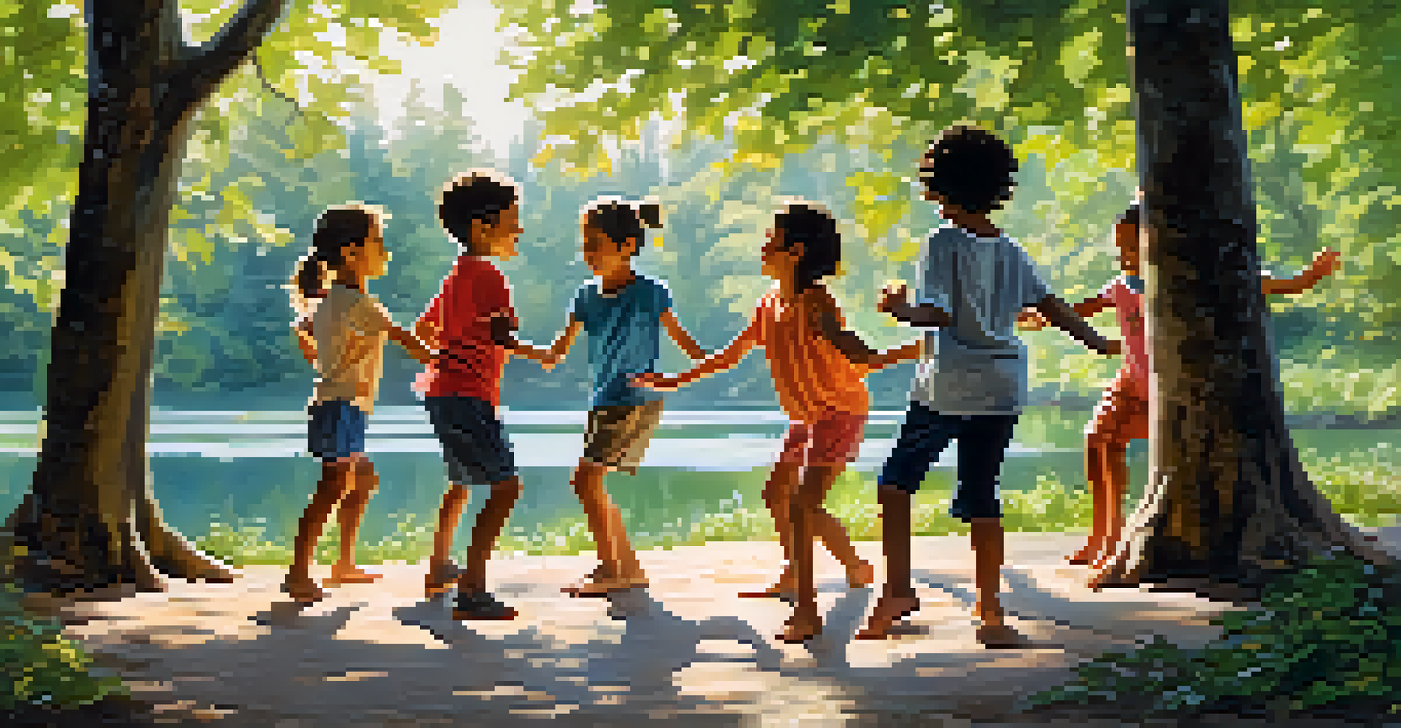 Children dancing in an outdoor workshop near a lake, surrounded by trees, expressing joy and creativity through movement.