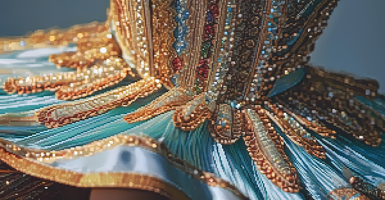 A close-up view of a shimmering dance costume with intricate details and embellishments under stage lights, showcasing its texture and colors.