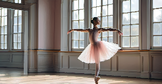 A ballet dancer performing a pirouette in a sunlit studio, wearing a pink tutu and a bun hairstyle, with mirrors in the background.