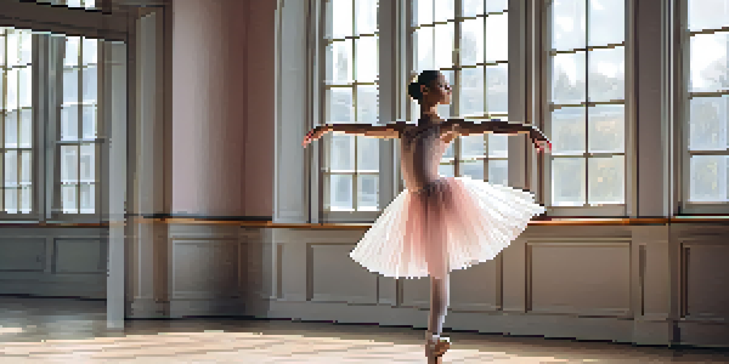 A ballet dancer performing a pirouette in a sunlit studio, wearing a pink tutu and a bun hairstyle, with mirrors in the background.