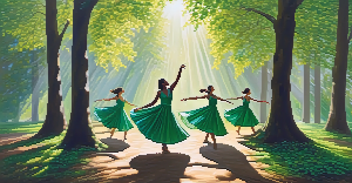A group of dancers in flowing costumes representing trees, performing in a sunlit forest.