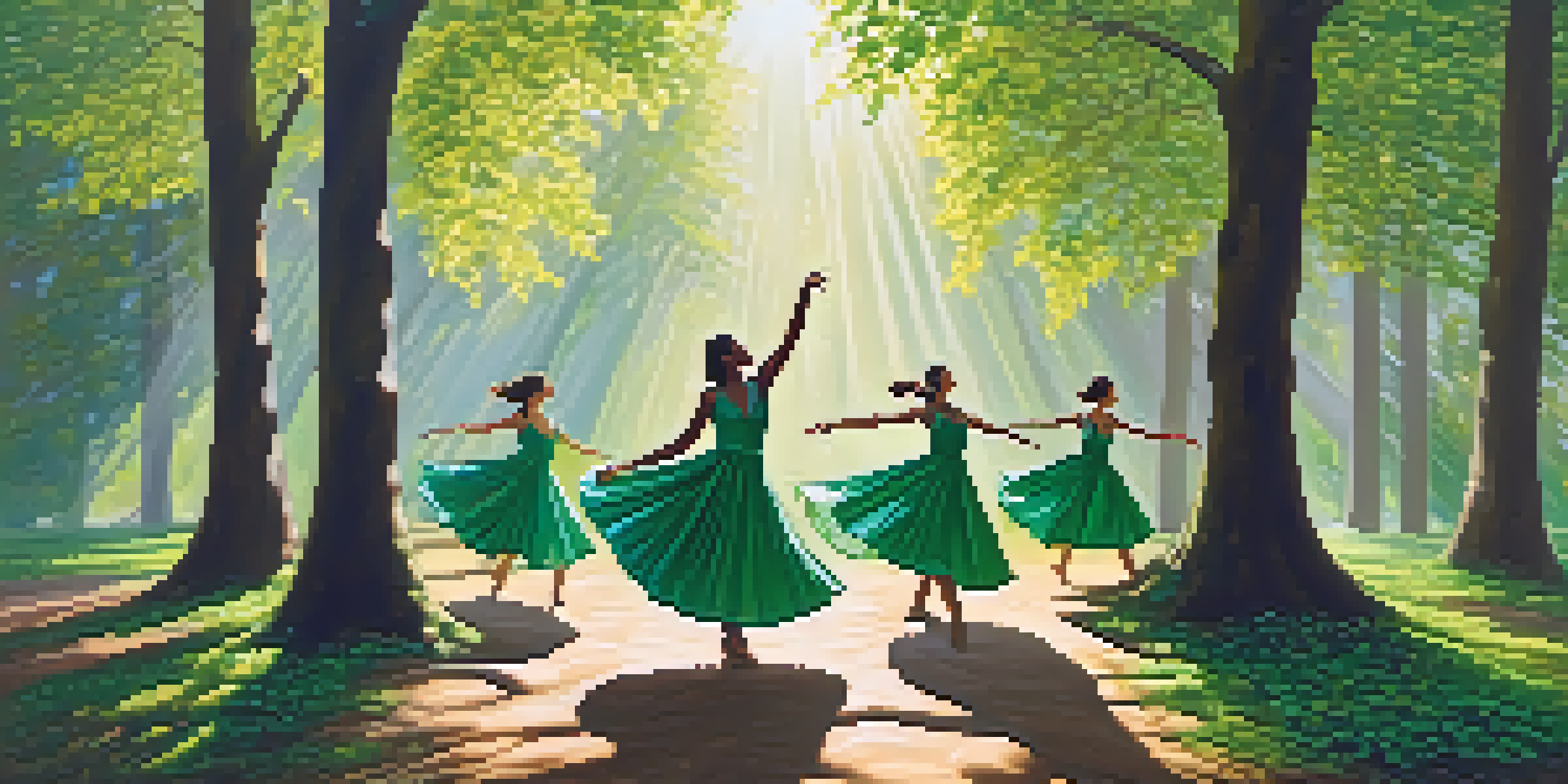 A group of dancers in flowing costumes representing trees, performing in a sunlit forest.
