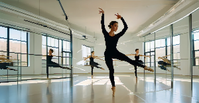 A contemporary dance studio with a dancer leaping gracefully, surrounded by high-tech biometric devices and mirrors reflecting the scene.