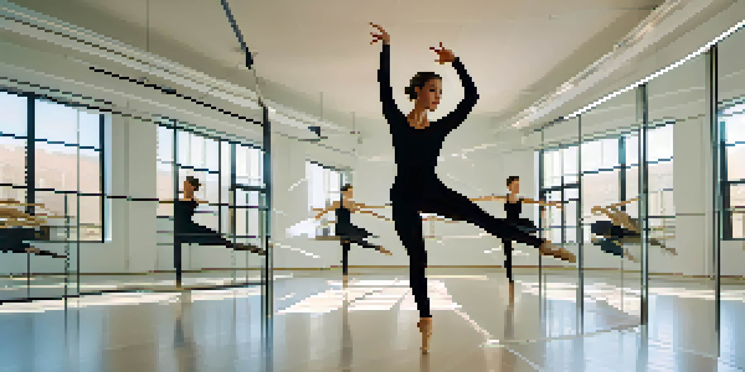 A contemporary dance studio with a dancer leaping gracefully, surrounded by high-tech biometric devices and mirrors reflecting the scene.
