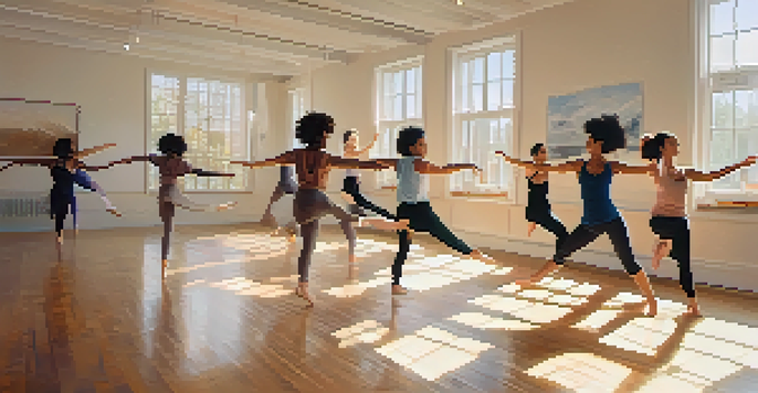 A diverse group of people participating in a dance therapy session in a bright studio, expressing emotions through movement.