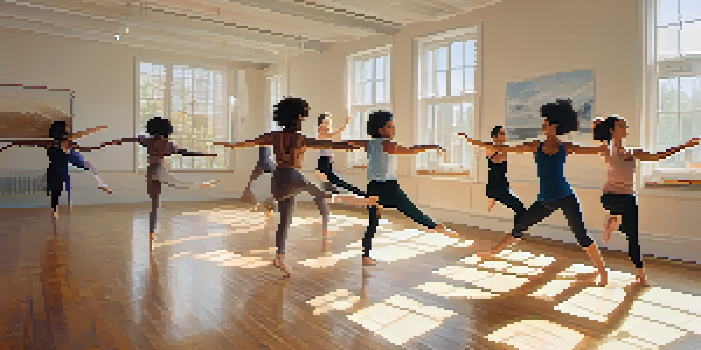 A diverse group of people participating in a dance therapy session in a bright studio, expressing emotions through movement.