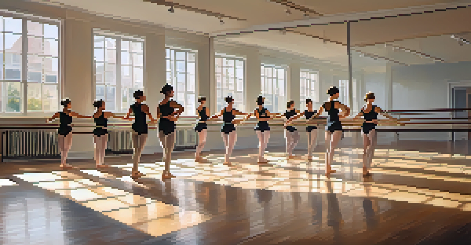 A bright dance studio with a choreographer leading a diverse group of dancers, featuring wooden floors and mirrors reflecting their movements.