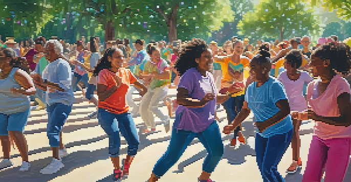 A lively community dance workshop in a park with diverse people dancing together, surrounded by greenery and flowers, under warm sunlight.