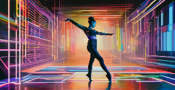 A dancer performing in a high-tech virtual reality studio with colorful holographic dance styles around them.