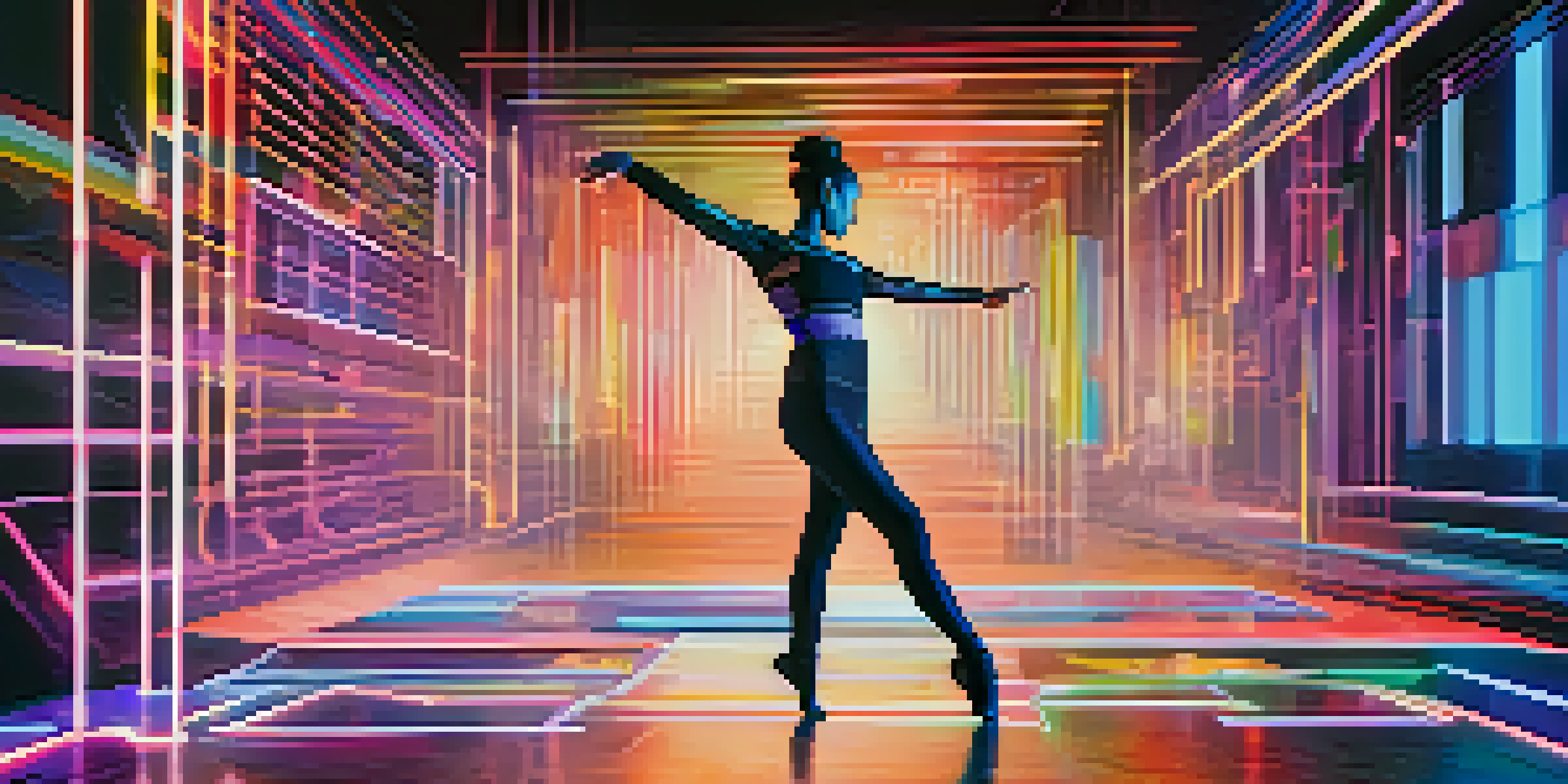 A dancer performing in a high-tech virtual reality studio with colorful holographic dance styles around them.