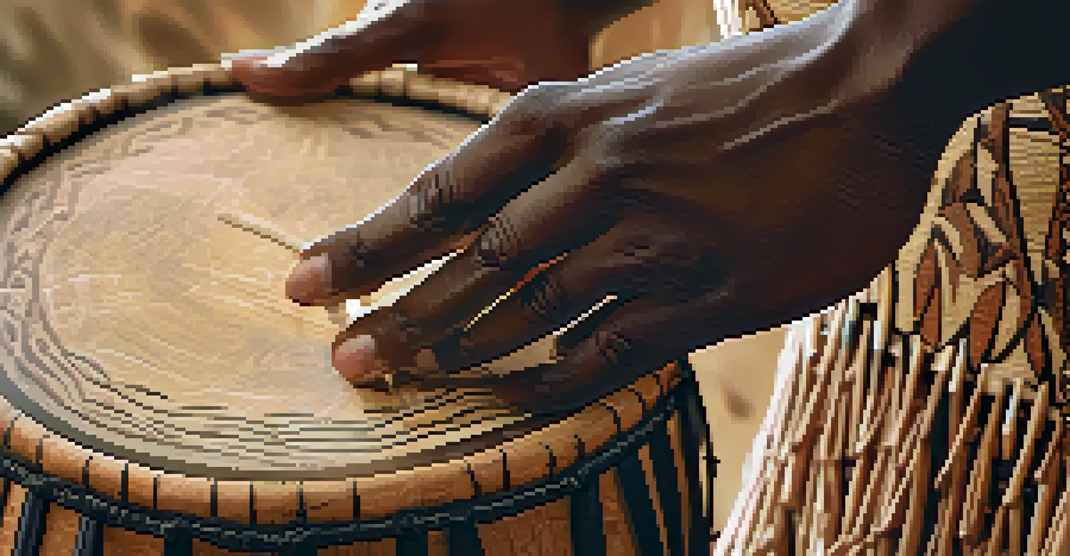 A close-up of a traditional African drum being played, highlighting the intricate carvings and the hands striking the surface.