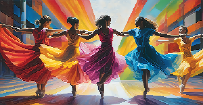 A group of diverse dancers in colorful costumes performing contemporary dance in a circular formation, with an abstract mural in the background.