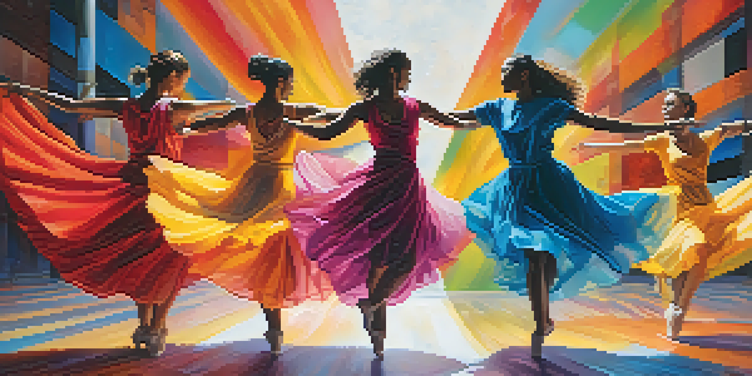 A group of diverse dancers in colorful costumes performing contemporary dance in a circular formation, with an abstract mural in the background.