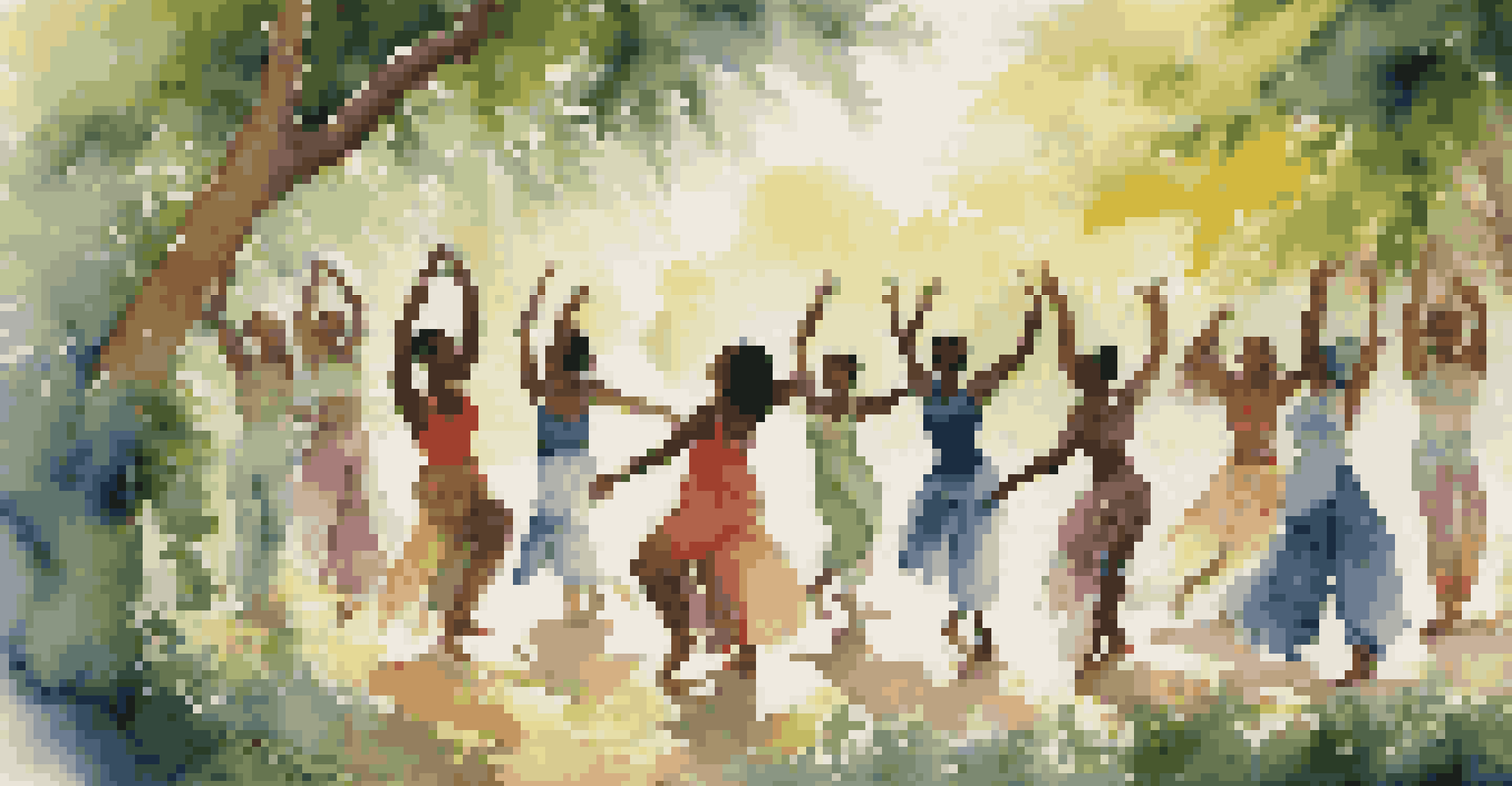 A diverse group of dancers performing improvisational dance outdoors, surrounded by greenery.