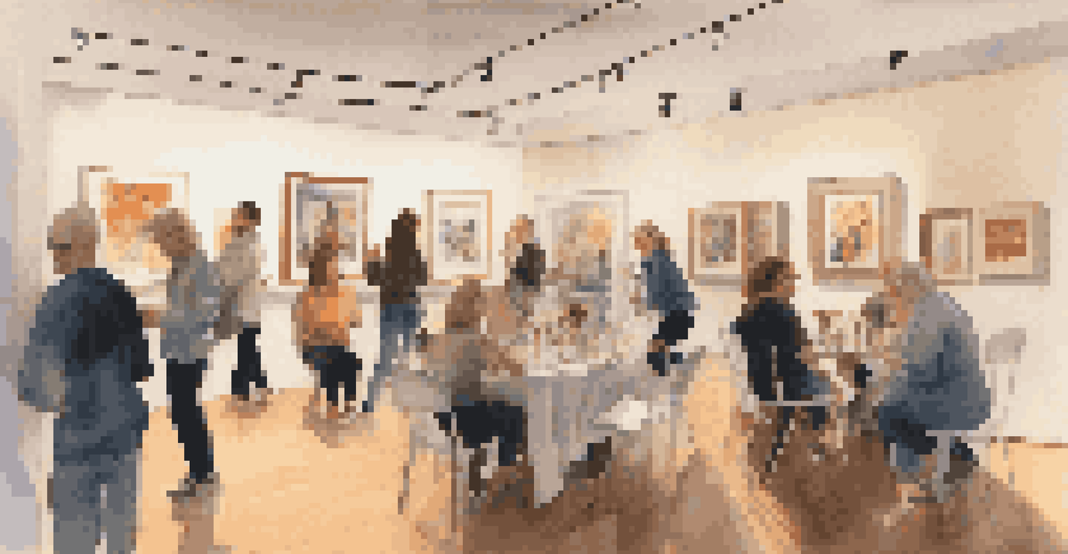 A cozy gallery event where people are engaged in discussions about dance publications and enjoying refreshments.