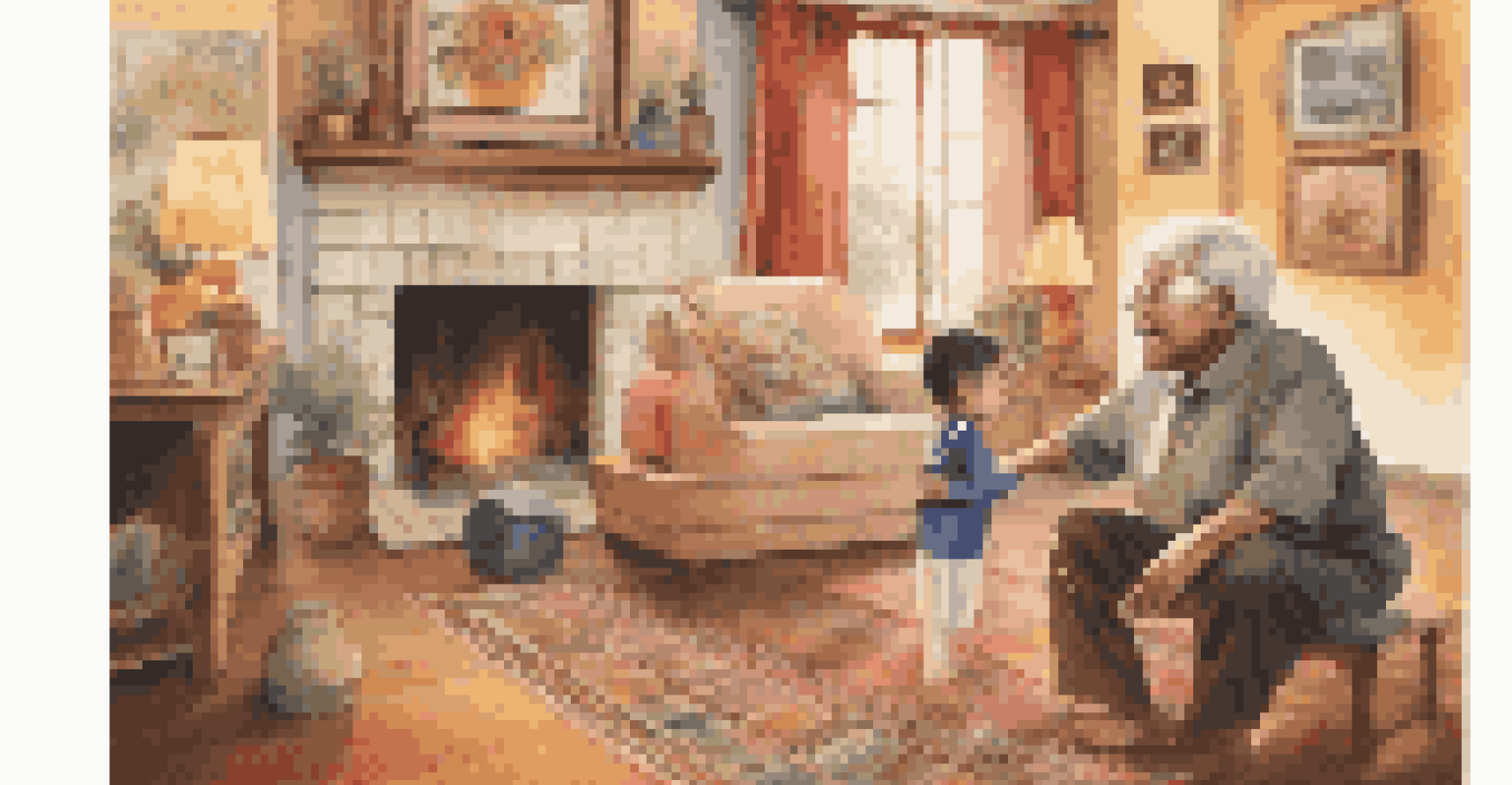 A grandparent joyfully teaching a grandchild a traditional dance step in a cozy living room filled with family photos, showcasing a strong intergenerational bond.