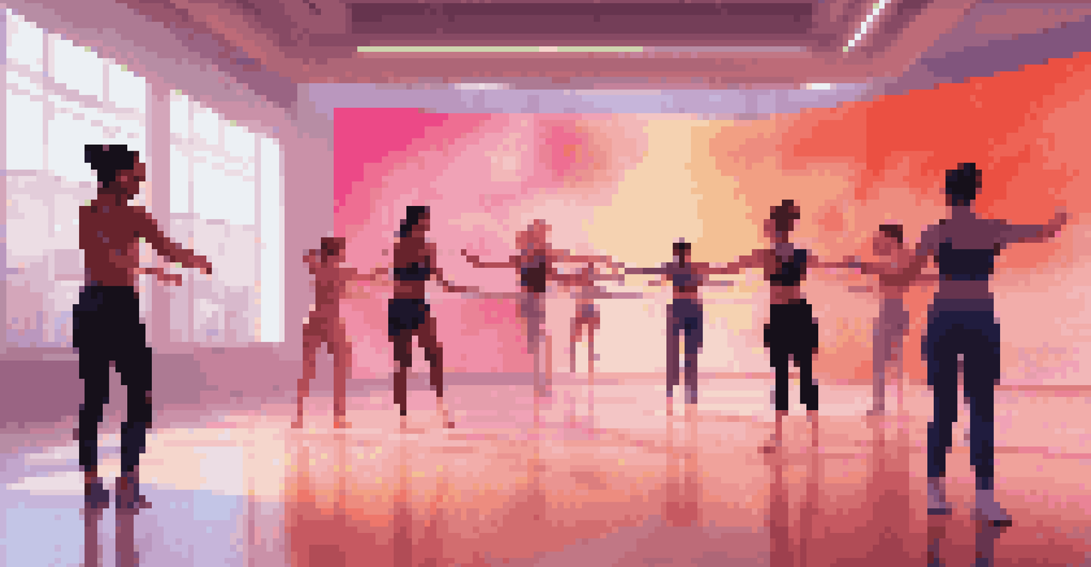 A virtual dance class with an instructor on a screen and dancers practicing in their homes, featuring futuristic technology.
