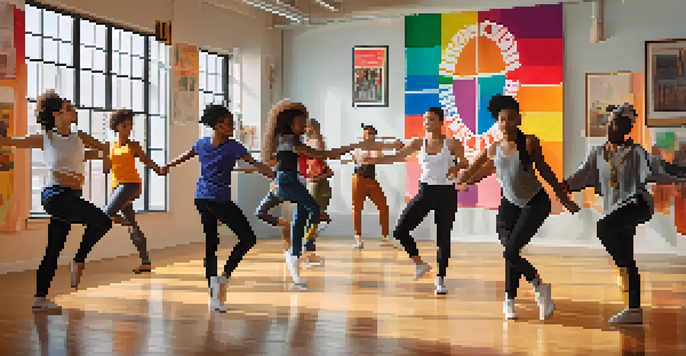A lively dance studio where LGBTQ+ youth are participating in a contemporary dance class, with colorful decorations and natural light enhancing the atmosphere.