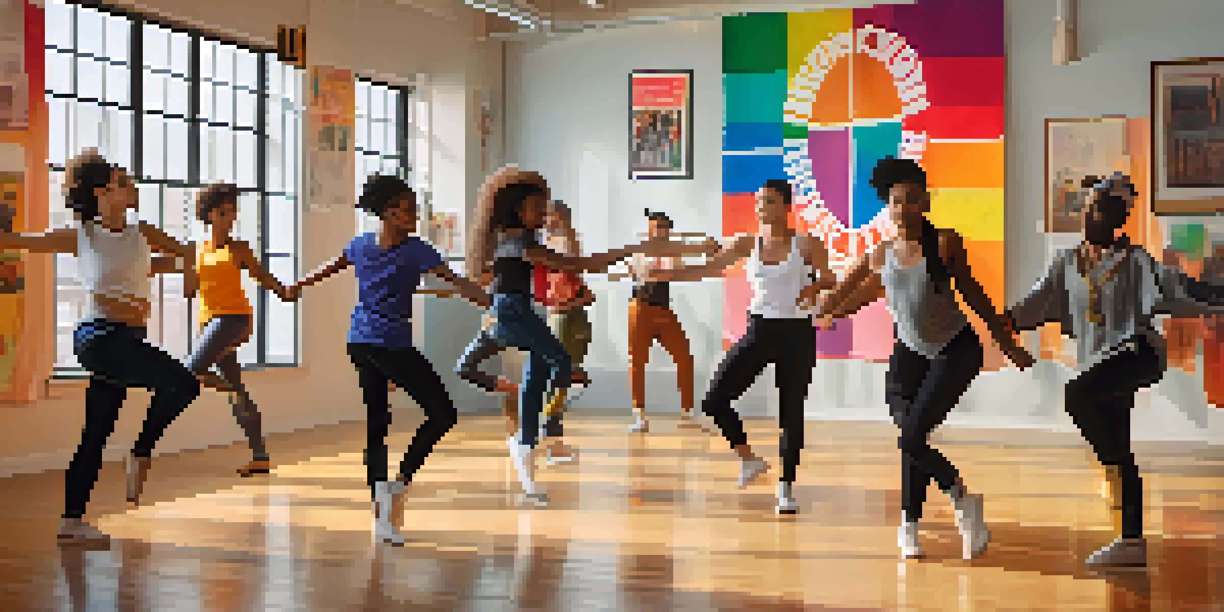 A lively dance studio where LGBTQ+ youth are participating in a contemporary dance class, with colorful decorations and natural light enhancing the atmosphere.