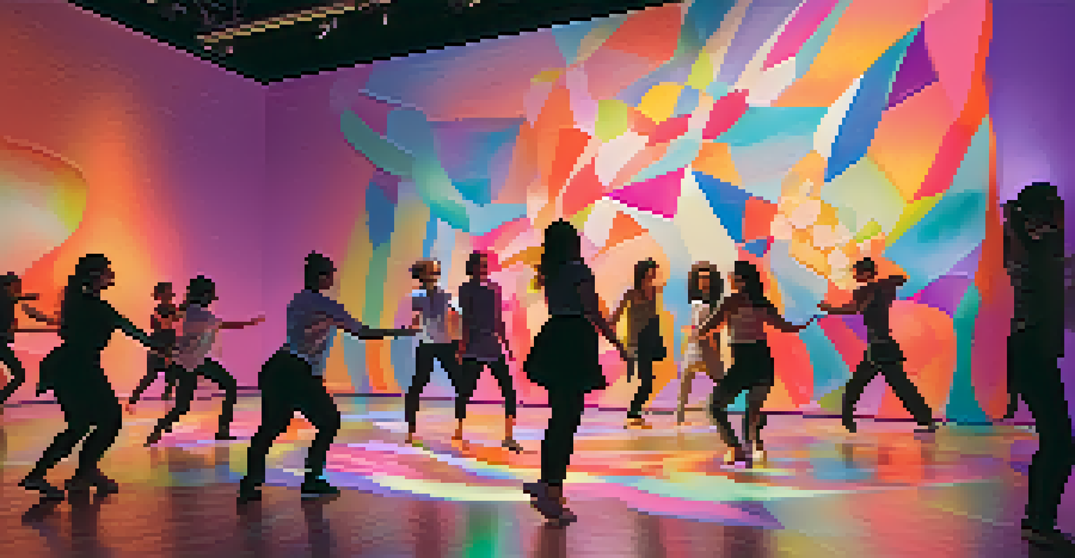 An interactive art installation inviting audience participation in a dance performance, surrounded by colorful lighting and sculptures.