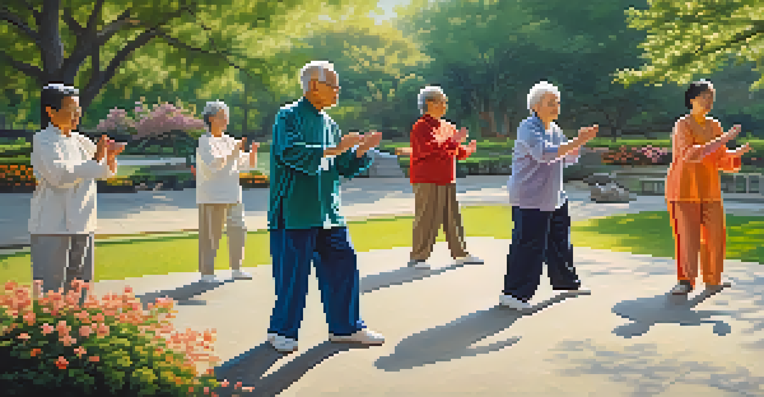 Seniors practicing Tai Chi in a peaceful park, surrounded by greenery and flowers, under soft morning sunlight.